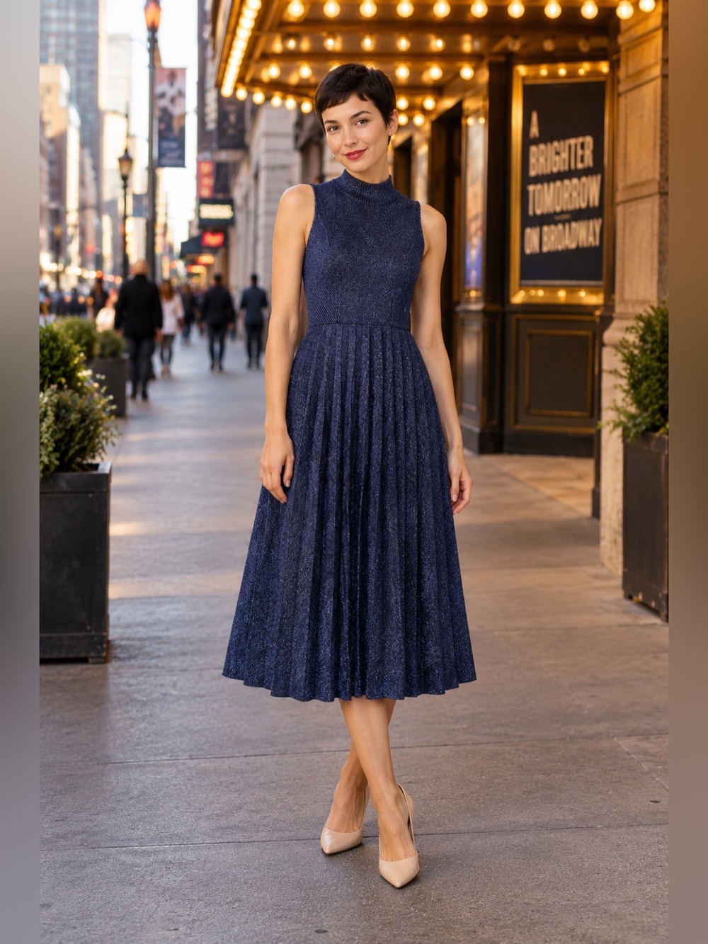 Carven Navy Blue Metallic Pleated Midi Dress Mock Neck Sleeveless S